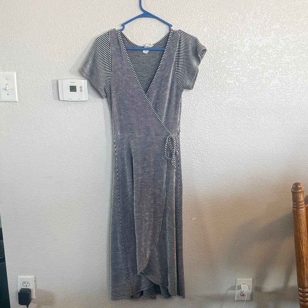 Caution To The Wind Navy and White Striped Wrap Maxi Dress with Short Sleeves